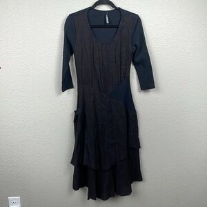 Inizio Linen Tiered Half Sleeve Lagenlook Midi Dress Black Sz S